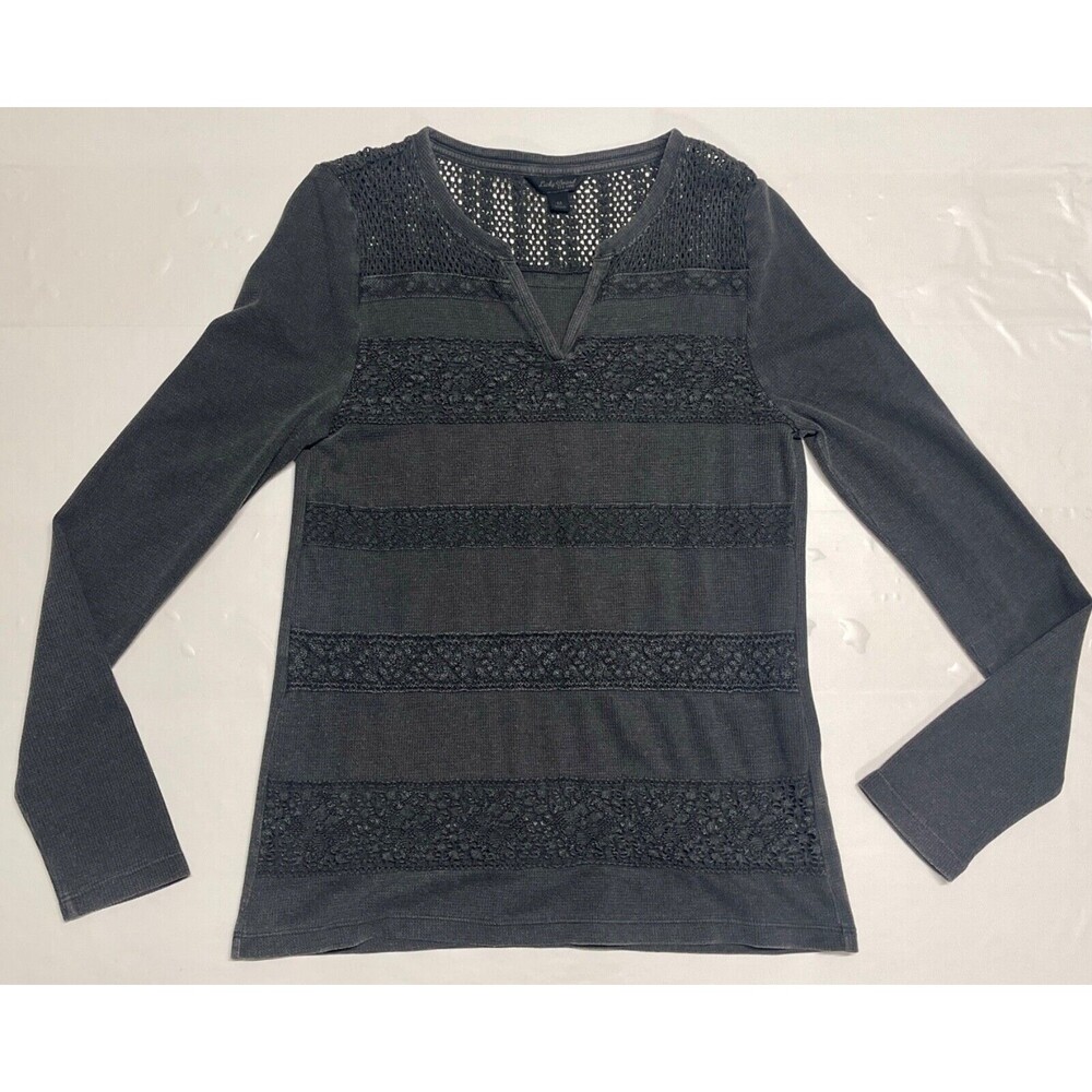 Lucky Brand Grey Crochet Lace Stripe Split Neck Thermal Top Size M